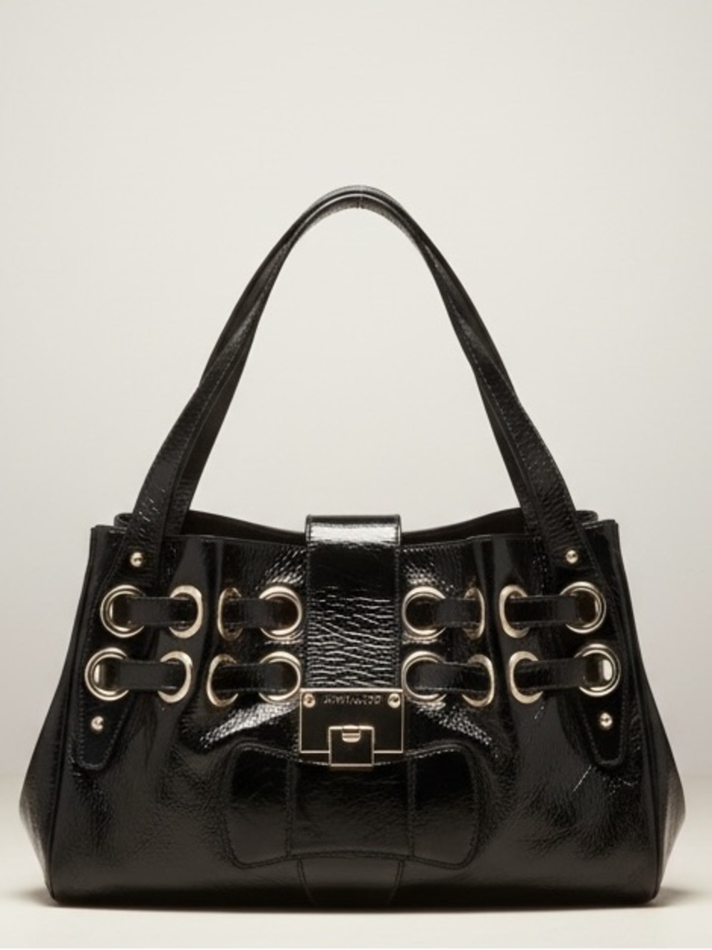 Jimmy Choo Ramona Leather Shoulder Bag Tote Satchel Hobo Logo Pockets Black Gold